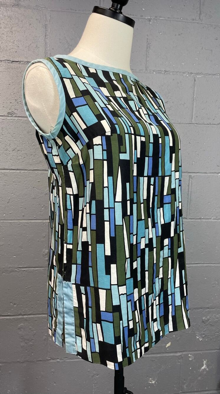 Vintage 60s Mod Color Block Geometric Abstract Sleeveless Button Back Blouse SM